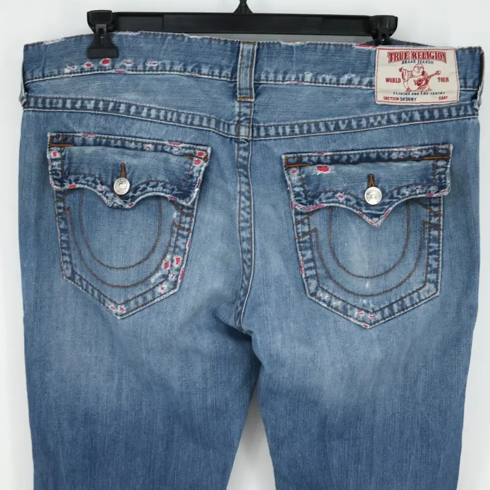 True Religion Jeans Mens 40 x 34 Waist Blue Denim Skinny Flap Pockets Distressed